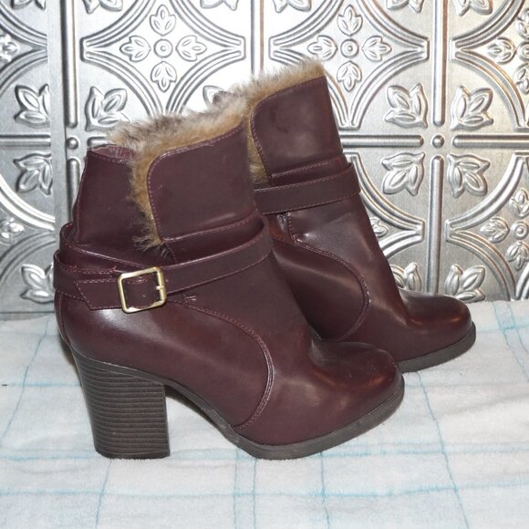 Charlotte Russe Size 7 Burgundy Faux-Fur Heeled Boots - Picture 1 of 8
